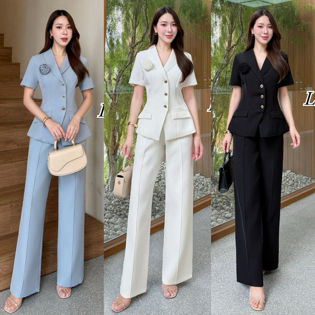 Lover’s Shop•Set 2 ชิ้น เสื้อแขนสั้นกระดุมหน้า + มาพร้อมกางเกงเอวสูงทรงกระบอกกลาง และเข็มกลัดดอกไม้