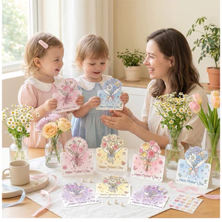 แบบ T6: การ์ดอวยพรวันแม่ 🌸 Mother’s Day Bloom Collection | การ์ดวันแม่ช่อดอกไม้พาสเทล 3D 🌸