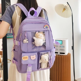 กระเป๋าเป้เกาหลีน่ารัก สไตล์โรงเรียน ลำลอง มีช่องใส ใส่ตุ๊กตาได้