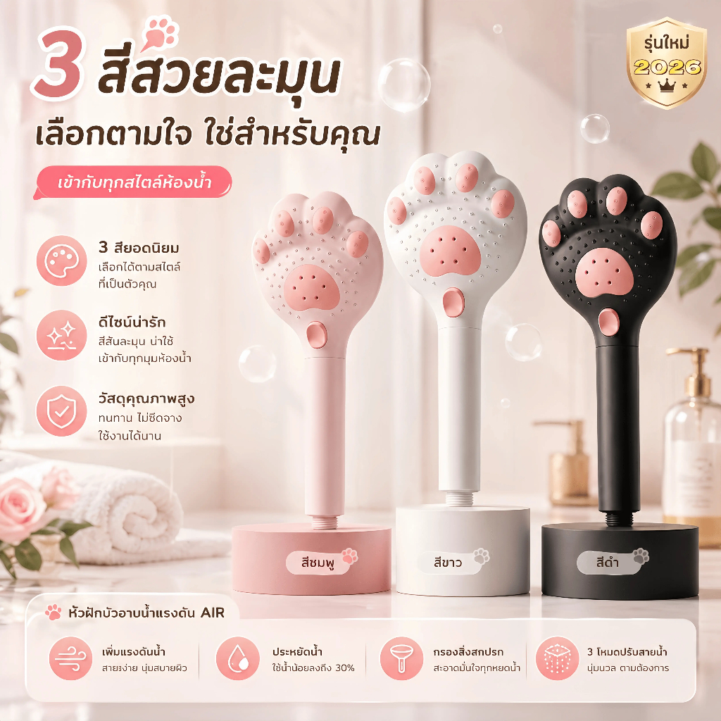 ใหม่ รุ่นอุ้งเท้าแมวน่ารัก หัวฝักบัวแรงดันสูง 3 โหมดน้ํา พร้อมเครื่องกรองน้ํา