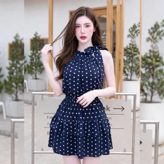 สินค้าพร้อมส่ง ชุดเซตกระโปรง ผ้าไหมอิตาลี (Polka Dot) เสื้อแขนกุดผูกโบว์ข้าง กระดุมหลัง พร้อมซับใน+กระโปรงพร้อมซับใน