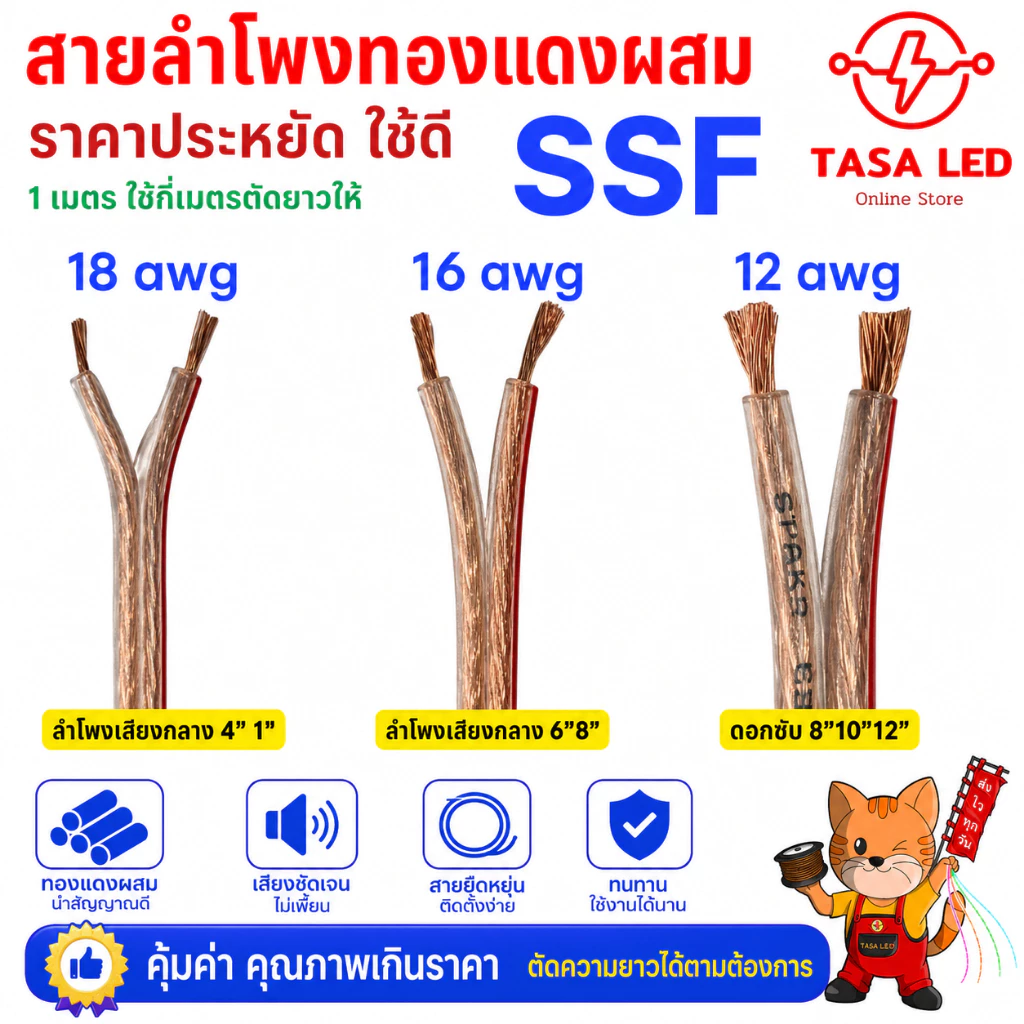 สายลำโพง สายลำโพงทองแดงผสม SSF แบ่งขายเป็นเมตร tasaled ถูกและดี