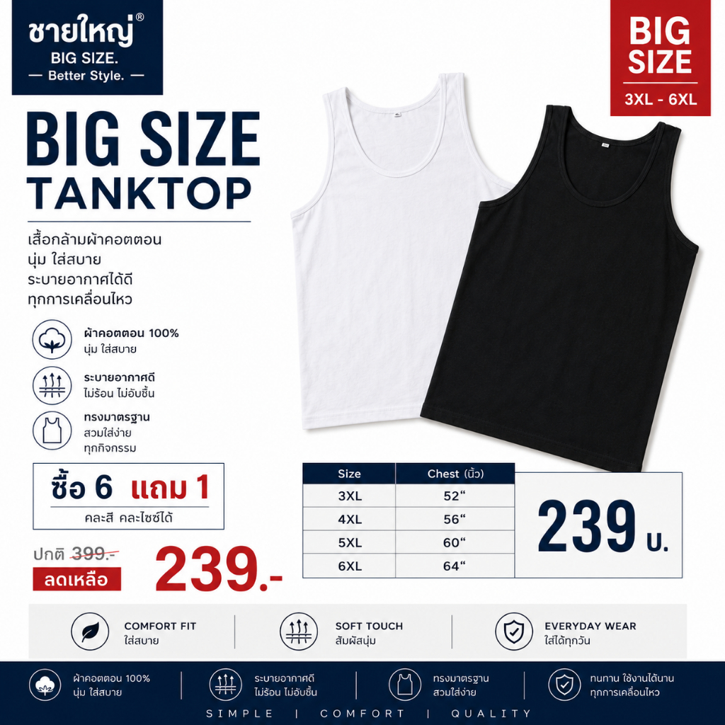 เสื้อกล้ามไม่ร้อน ไซส์ใหญ่ Big Size 3XL-6XL รอบอก 52-60 รูปที่ 8
