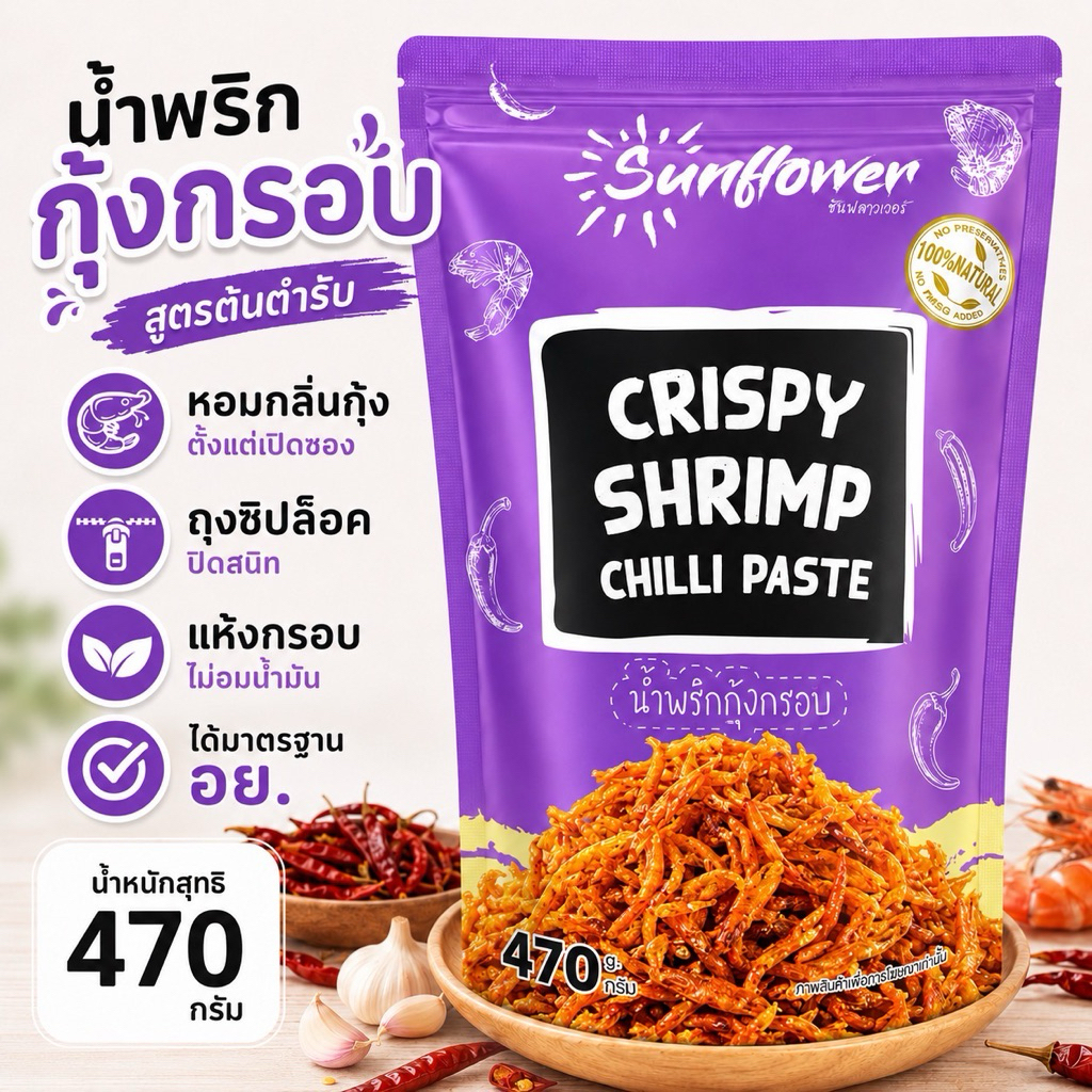 น้ำพริกกุ้งกรอบ 470 กรัม Numprik Sunflower