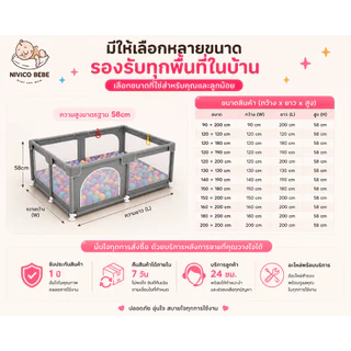 NIVICO BEBE คอกกั้นเด็ก 6 ฟุต ขนาดใหญ่ โครงเหล็กแข็งแรง ตาข่ายระบายอากาศ 360° คอกเด็กเล่น ท่อเหล็กหนา