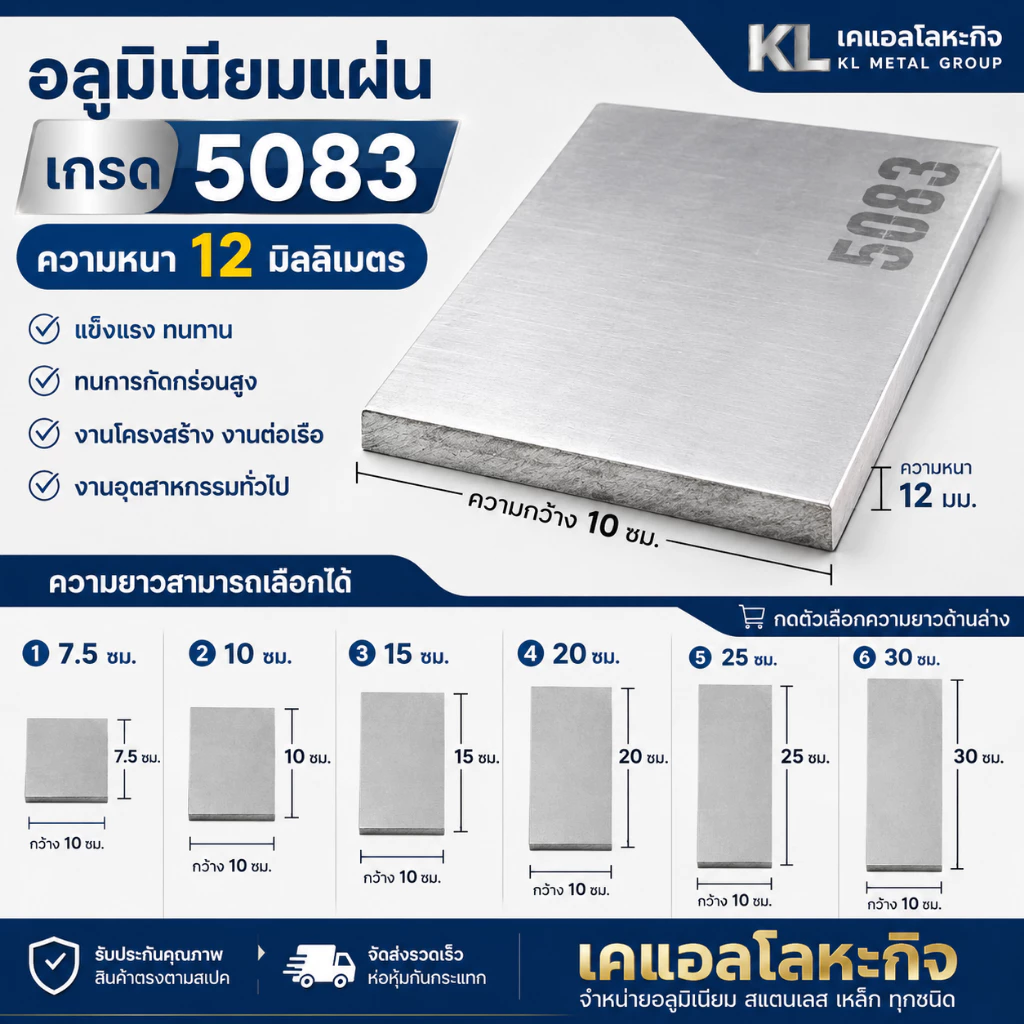 แผ่นอลูมิเนียม 5083 หนา 12 มม. กว้าง 100 มม. AL5083 เลือกความยาวได้