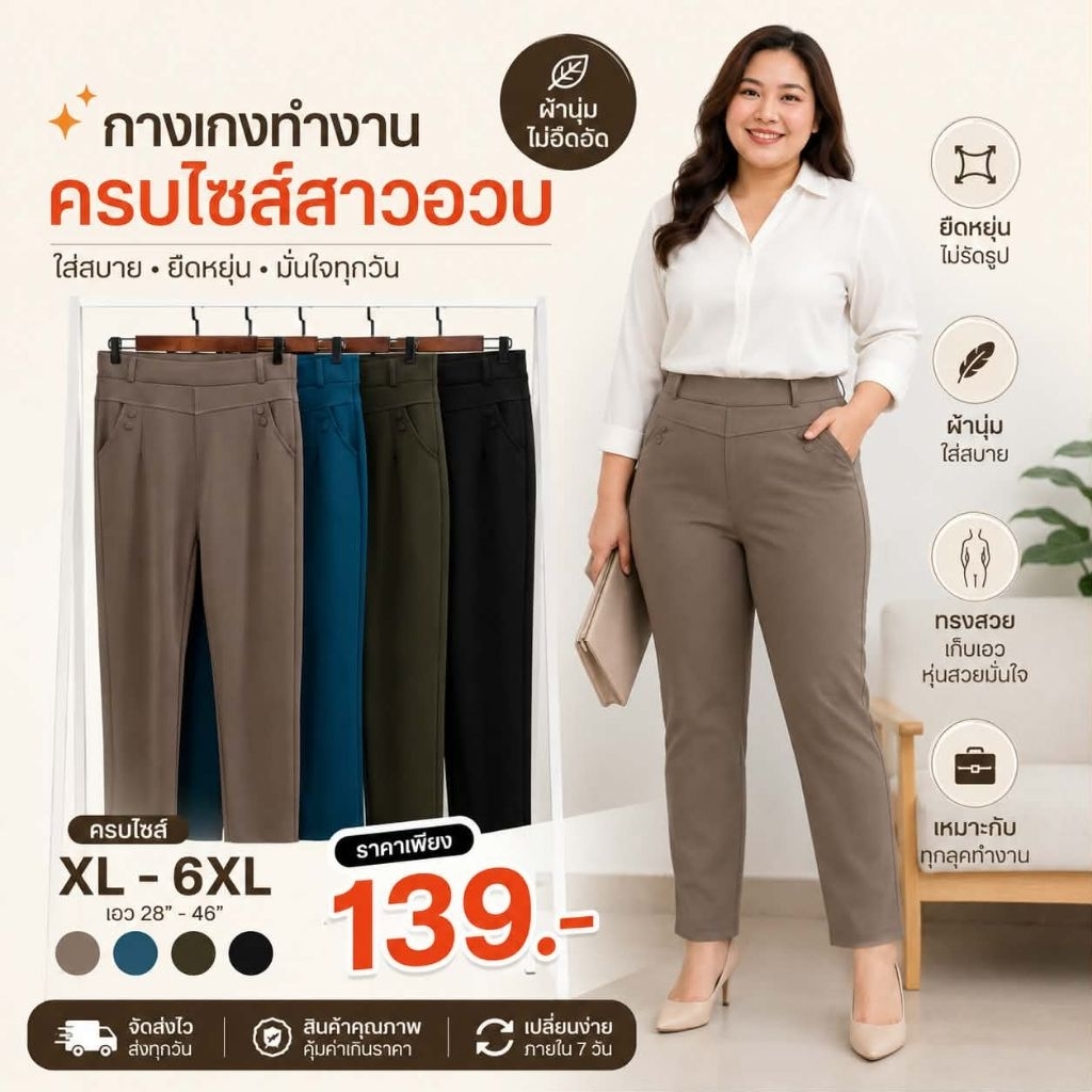 กางเกงใส่ทำงาน (ไม่ต้องรีด) ​สีดำขายาวผู้หญิงสาวอวบอ้วน กางเกงผ้ายืดเกาหลีผ้าหนานุ่ม เอว40สะโพก48 ใส่ได้​ พร้อมส่ง