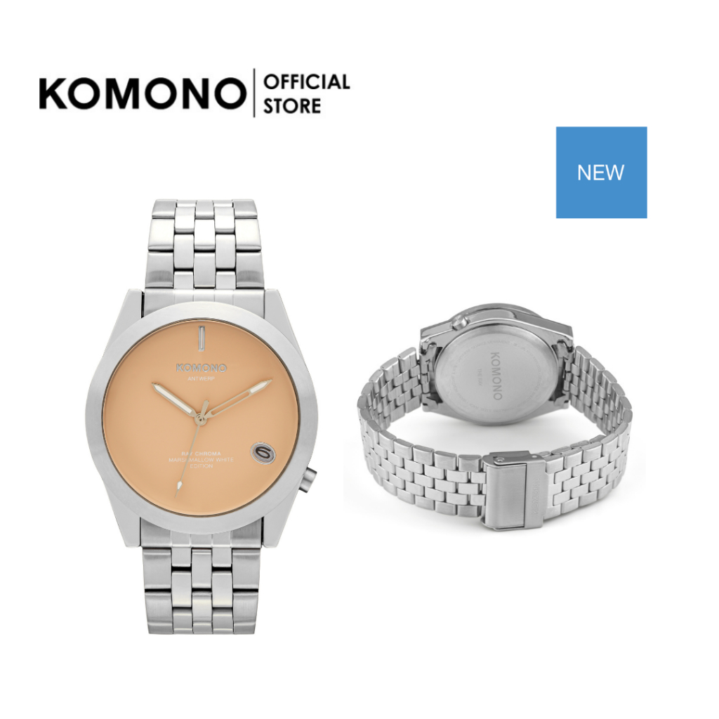 KOMONO Watch Ray Chroma Estate Silver Marshmallow นาฬิกาผู้ชายมีวันที่ สายโลหะ หน้าปัดสีเนื้อ วัสดุค