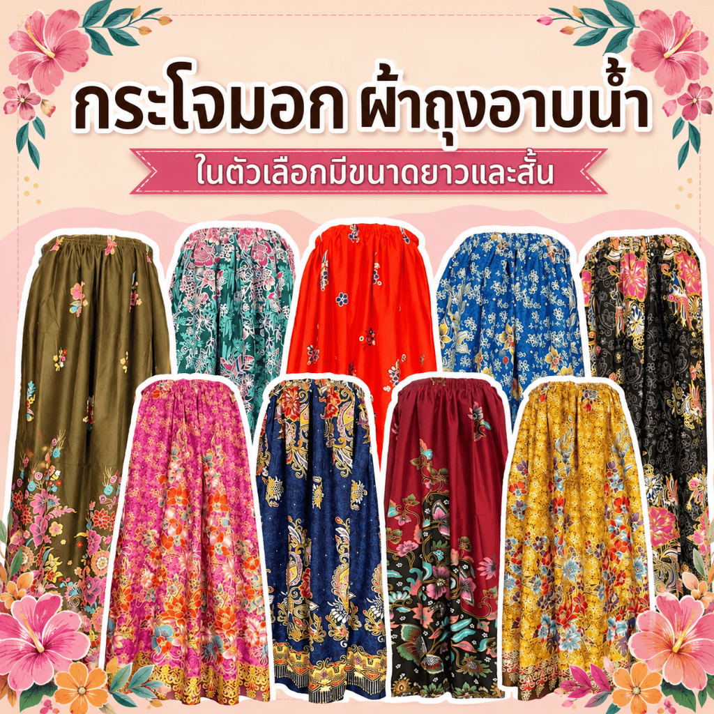 ผ้าถุงเอวยางยืด กระโจมอก ผ้าถุงอาบน้ำ มีรุ่นสั้นและรุ่นยาว สำหรับผู้ใหญ่และเด็ก ซับน้ำดี ไม่ลื่น