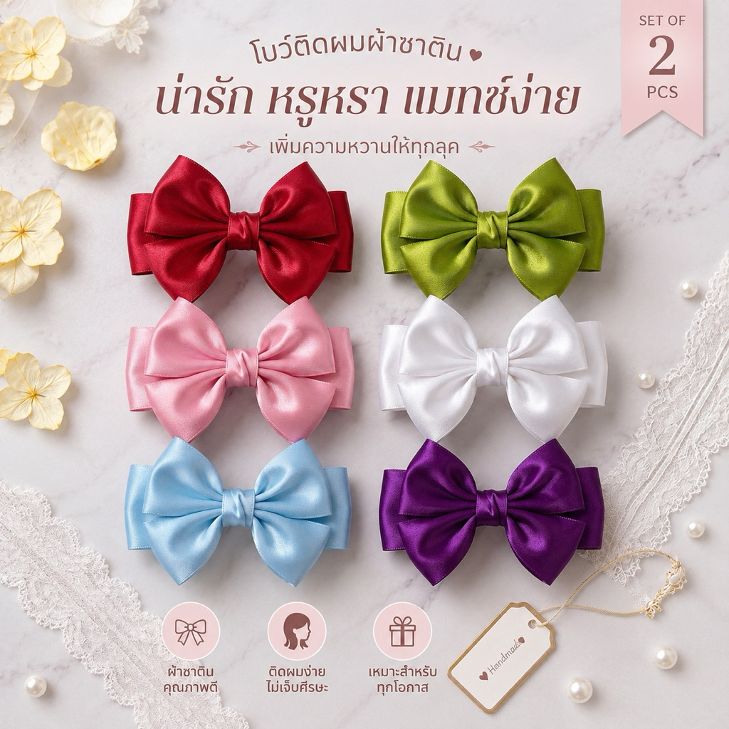 10 🎀 โบว์ซาตินทรงสวย ขายเป็นคู่ | ขนาด 7–9 × 9–11 ซม. | น่ารัก ใส่ได้ทุกวัย 💕