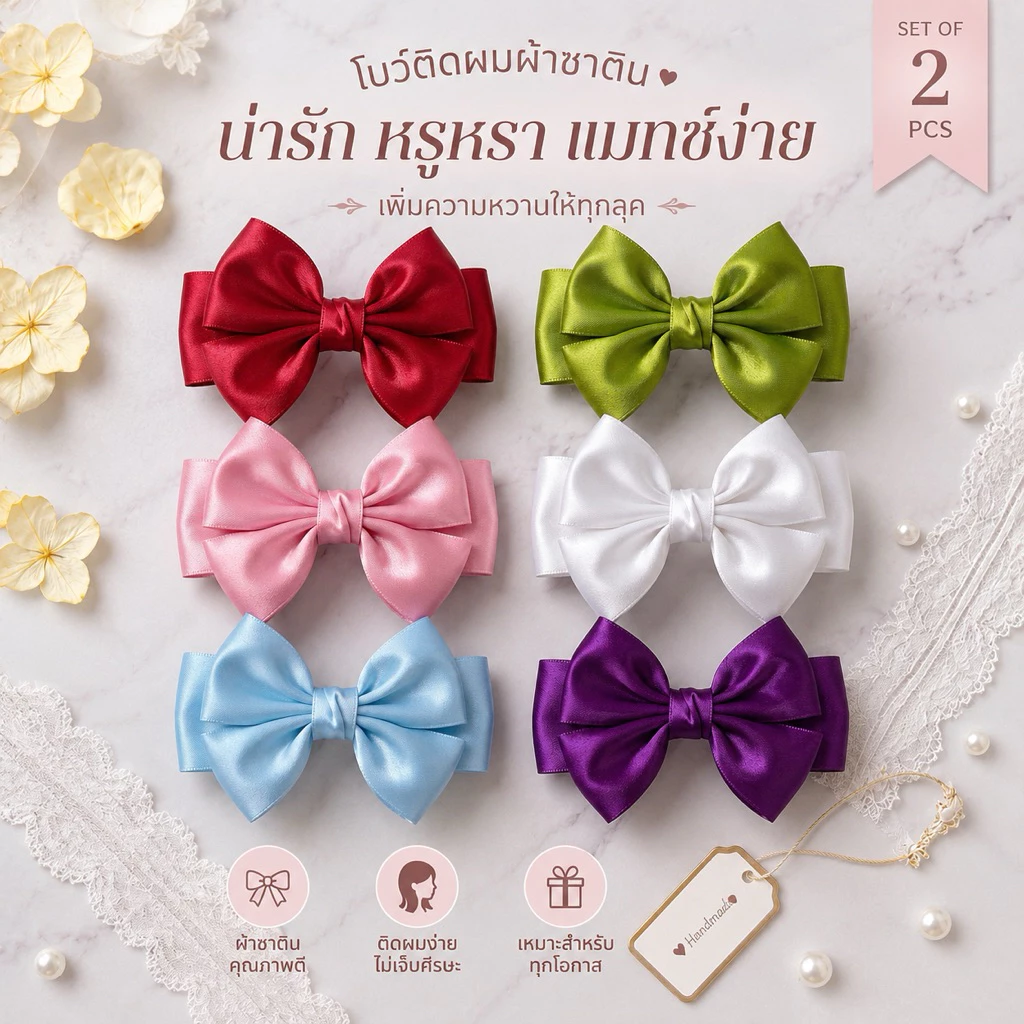 10 🎀 โบว์ซาตินทรงสวย ขายเป็นคู่ | ขนาด 7–9 × 9–11 ซม. | น่ารัก ใส่ได้ทุกวัย 💕