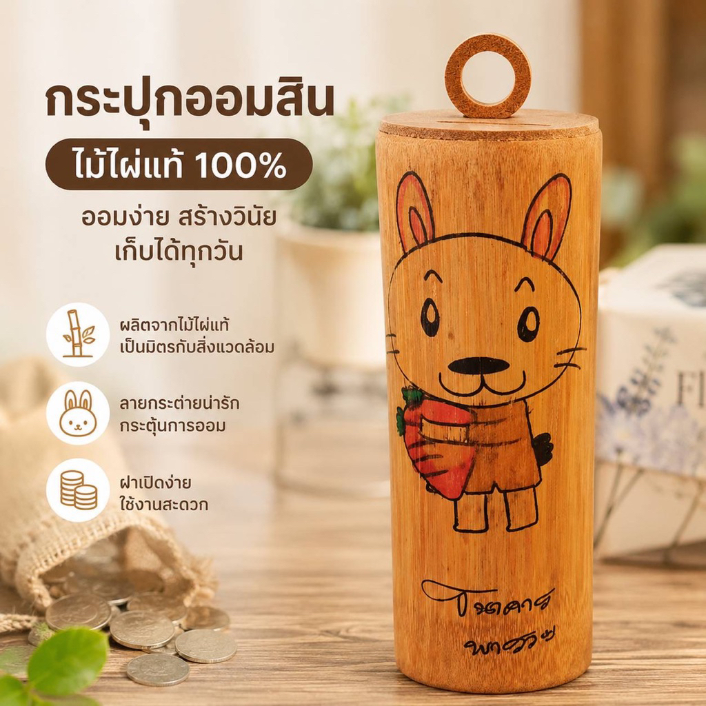 กระปุกออมสินไม้ไผ่คละลาย