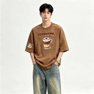 เสื้อยืดผ้าฝ้ายแท้คอกลมสไตล์เกาหลี ทรงโอเวอร์ไซซ์ เหมาะทั้งผู้ชายและผู้หญิง ดีไซน์พิมพ์ลายเครื่องดื่มกาแฟย้อนยุค