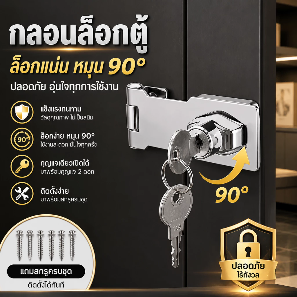 กลอนล็อคตู้สแตนเลส304 ไม่เป็นสนิม พร้อมกุญแจ สกรู 90° เปิดปิด แข็งแรงทนทาน ติดตั้งง่าย ตู้ไม้ ตู้เหล็ก ลิ้นชัก