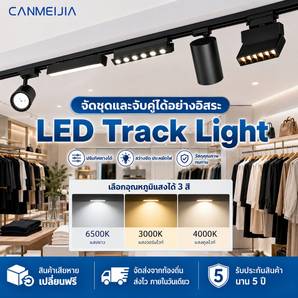 CANMEIJIA ไฟแทรคไลท์ LED Track Light ไฟราง 12/20/30/40W โคมไฟติดเพดาน หมุนได้ 180 ° ไฟประดับตกแต่ง โคมแทรคไลท