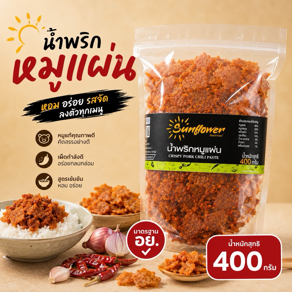 น้ำพริกหมูแผ่น 400กรัม 170 กรัม 80 กรัม Numprik Sunflower (สินค้าขายดี)