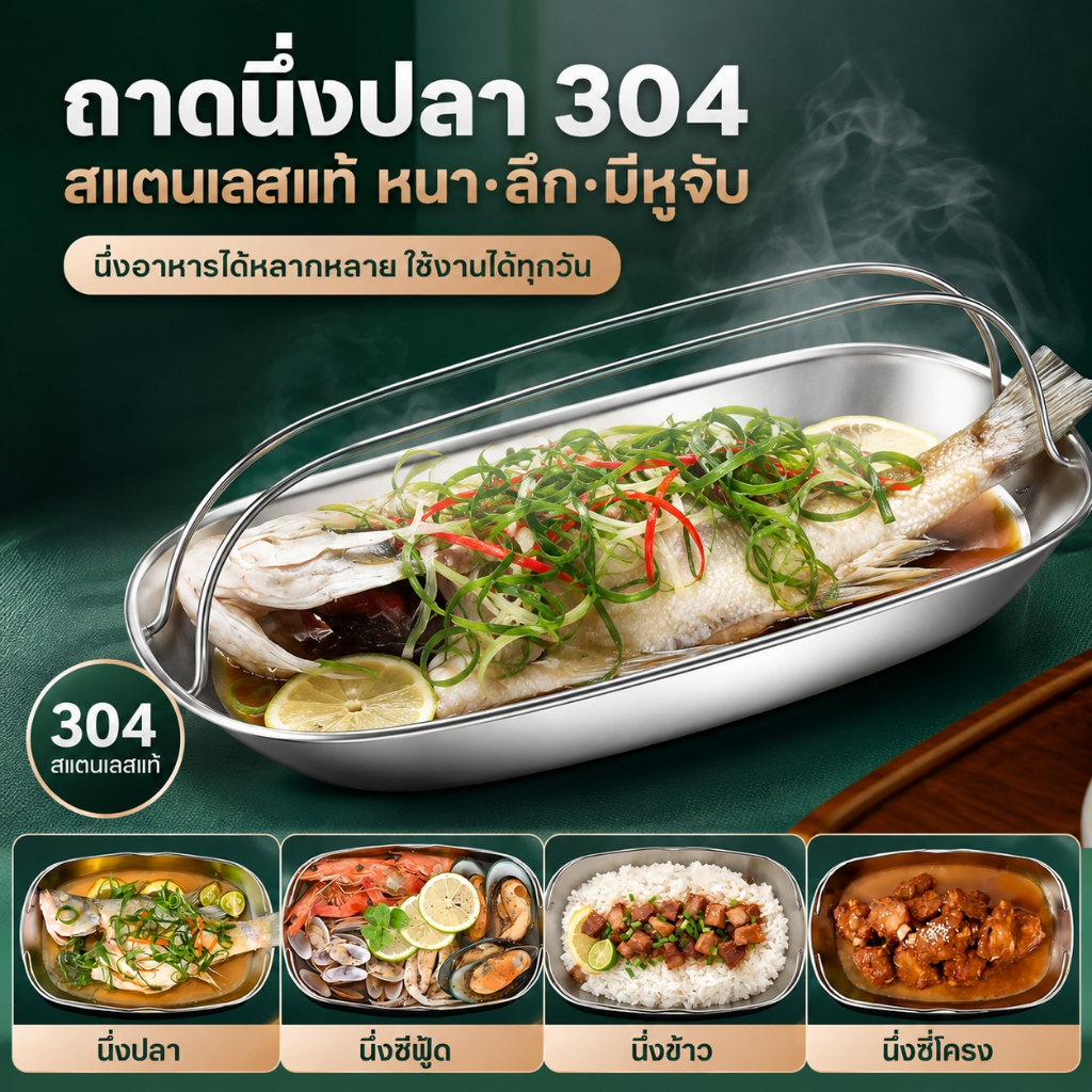 ถาดนึ่งปลาสแตนเลส304 ไม่เป็นสนิม พร้อมหูจับกันร้อน อเนกประสงค์ เหมาะนึ่งซีฟู้ด ข้าว และซี่โครง สำหรับใช้ในครัวบ้าน