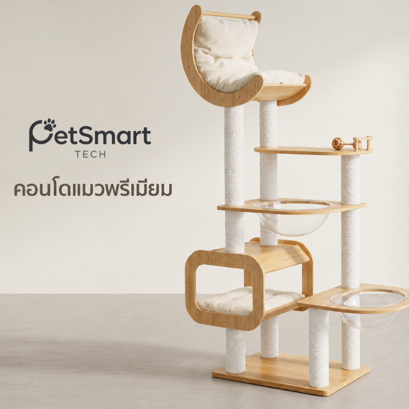 [PetSmart] คอนโดแมวไม้แท้ บ้านแมวพร้อมหลุมแคปซูลอวกาศใส 2 จุด ที่ลับเล็บแมว มินิมอล สำหรับแมวตัวใหญ่
