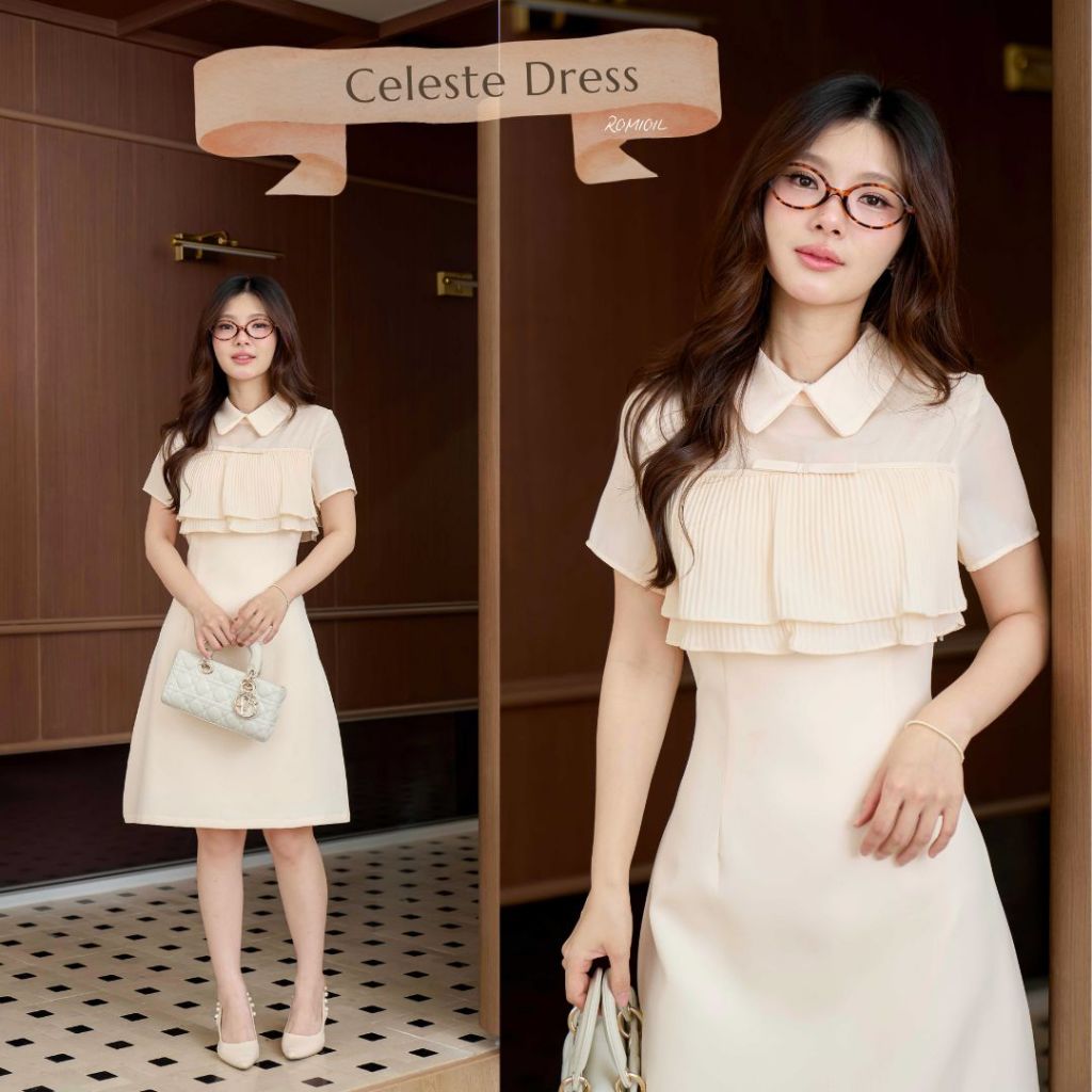 "Romi"Oil" Celeste Dress (Cream) K404 ชุดเดรสสีครีม (ระบายด้านหน้าแต่งโบว์)