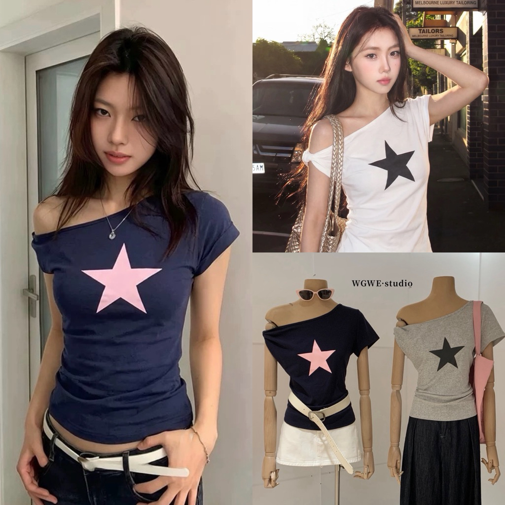 BY0618 เสื้อปาดไหล่ม้วน สกรีนลายดาว ผ้าคอตตอนโพลี benly co