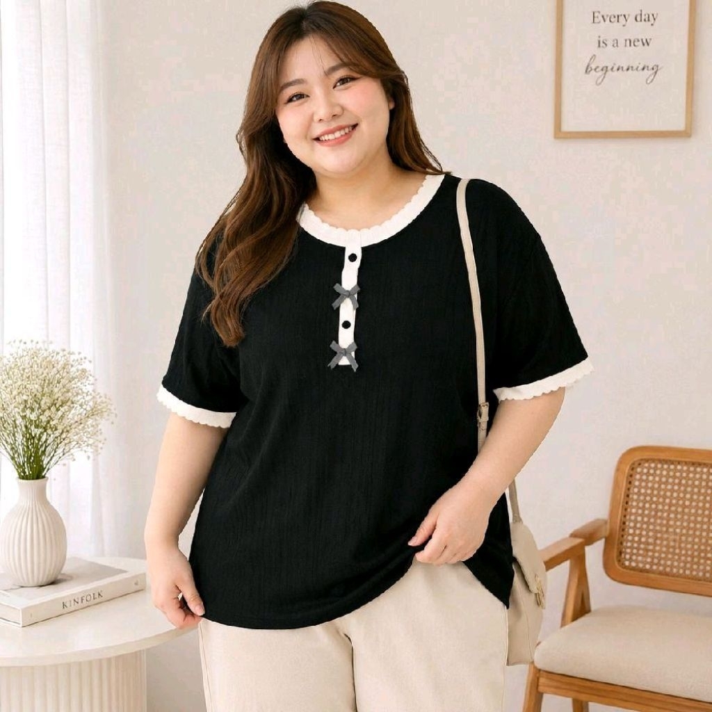 เสื้อไหมพรมคอกลมทูโทนกระดุมหลอกแต่งโบว์น่ารักๆ Vivi