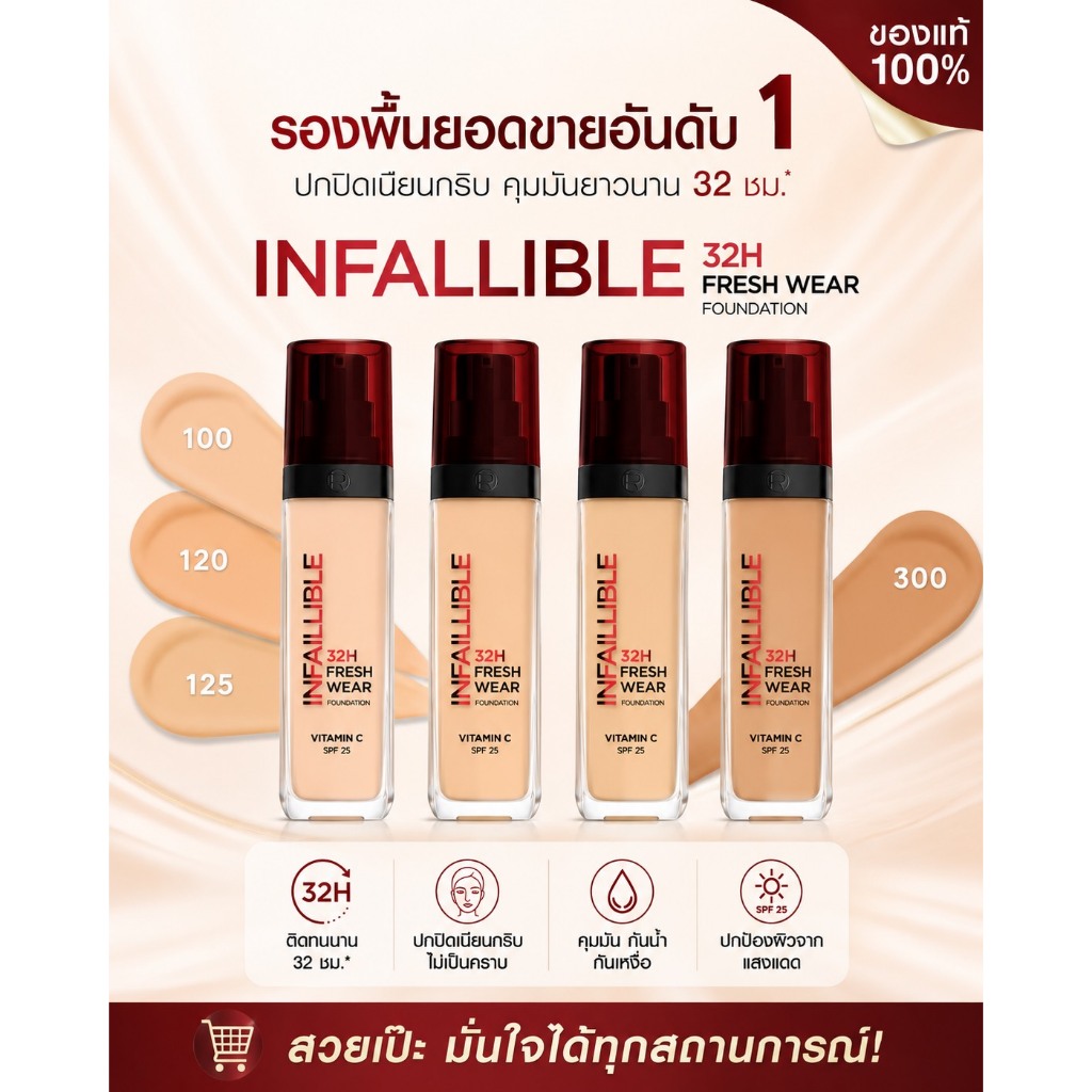 Loreal Paris Infaillible Fresh Wear Foundation 30ml ลอรีอัล ปารีส รองพื้นผสมสารป้องกันแสงแดด