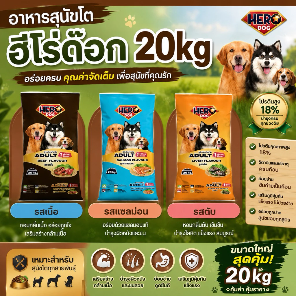 Hero Dog อาหารสุนัขโต รสเนื้อ รสตับ รสแซลม่อน โปรตีน18% 20kg สำหรับสุนัขโต อายุ 1 ปีขึ้นไป