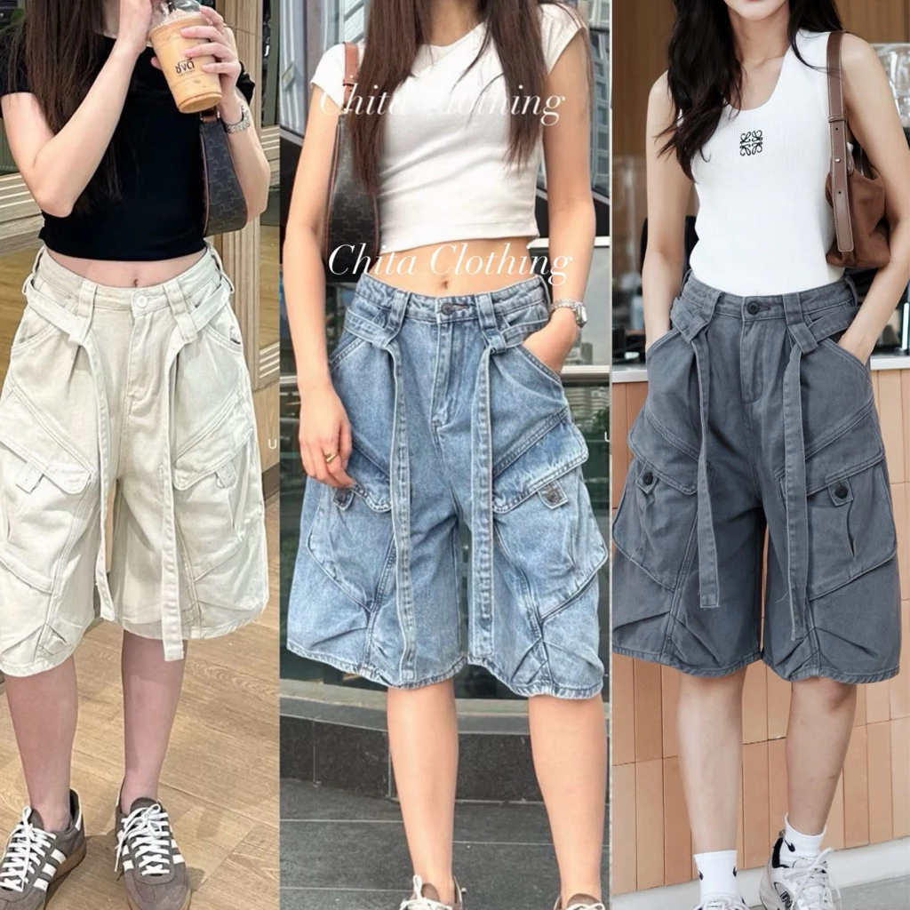📍พร้อมส่ง📍🇰🇷FSY🇰🇷62005 Martin baggy shorts กางเกงเอวสูงทรงห้าส่วน ปิดเข่า แต่งกระเป๋าคาร์โก้ เนื้อผ้ายีนส์ฟอกสีเฟด