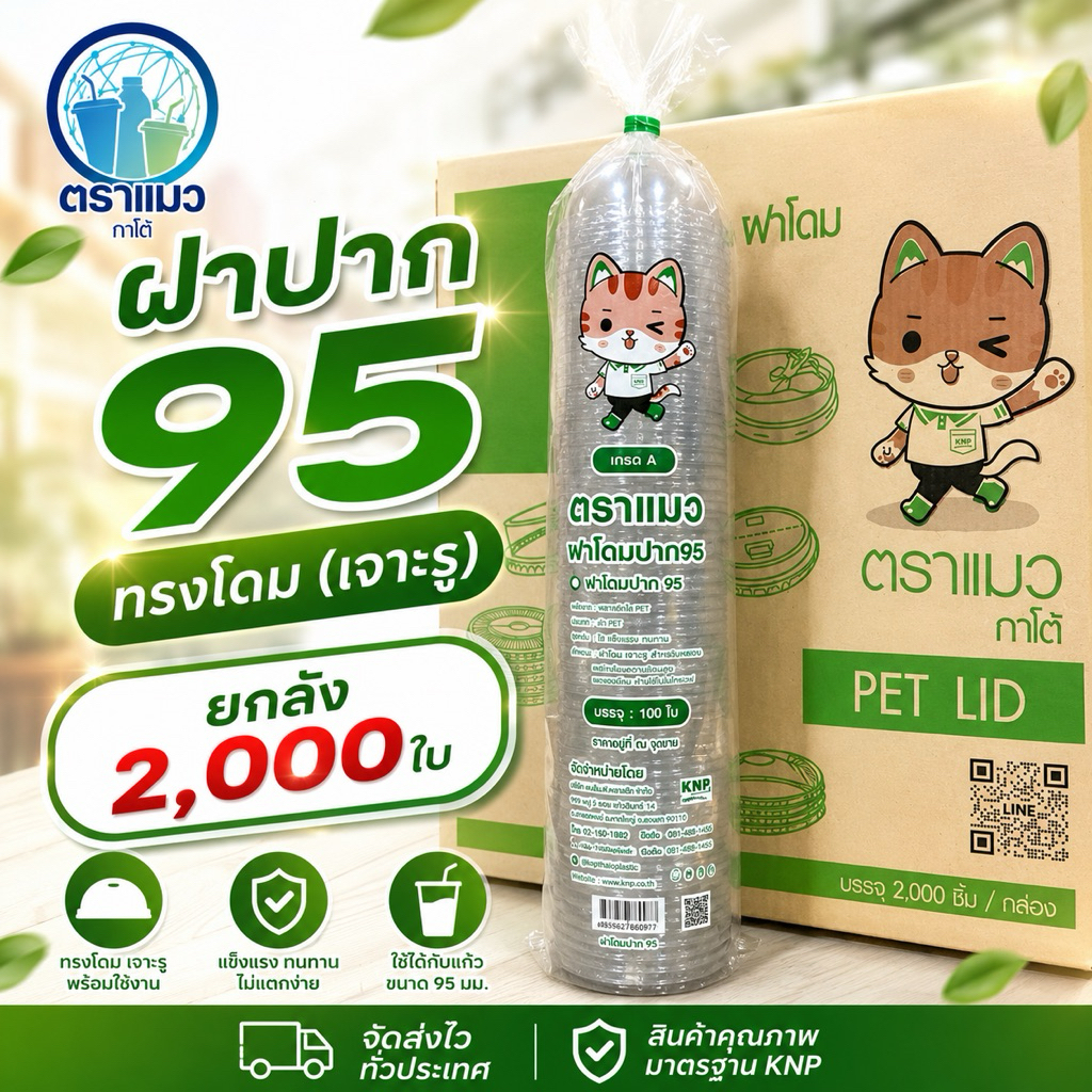 ฝาปิดแก้ว ปาก95 ทรงโดม ทรงโดมตัด ตราแมวกาโต้ ยกลัง 2,000 ใบ