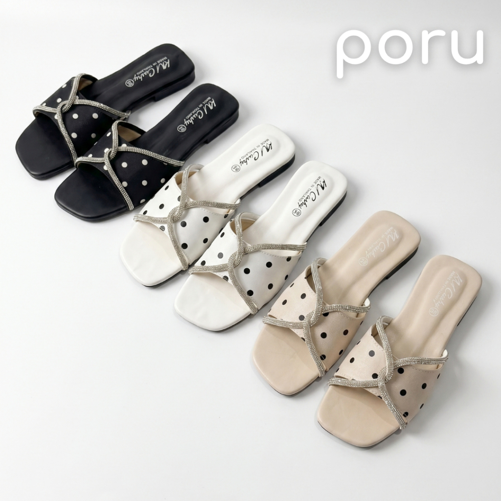 PORU รองเท้าแตะสายเพชร รองเท้าแตะลายจุด สไตล์เกาหลีมินิมอล รองเท้าแฟชั่นผู้หญิง รุ่น Polka Diamond