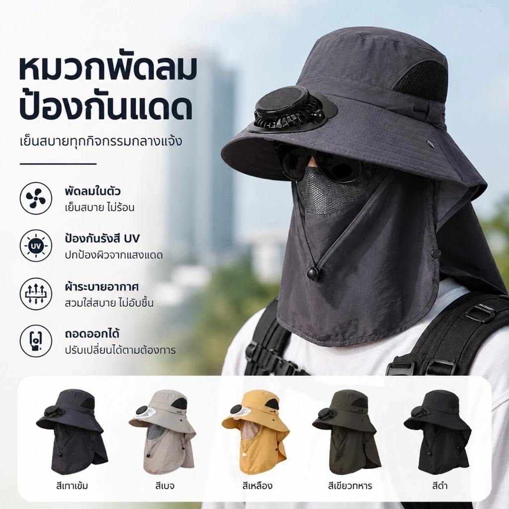 Nivo หมวกพัดลมพลังงานแสงอาทิตย์สำหรับใช้งานกลางแจ้ง พร้อมหน้ากากปรับมุมได้ ปีกกว้าง เหมาะสำหรับตกปลา เดินทาง และพกพาสะดว