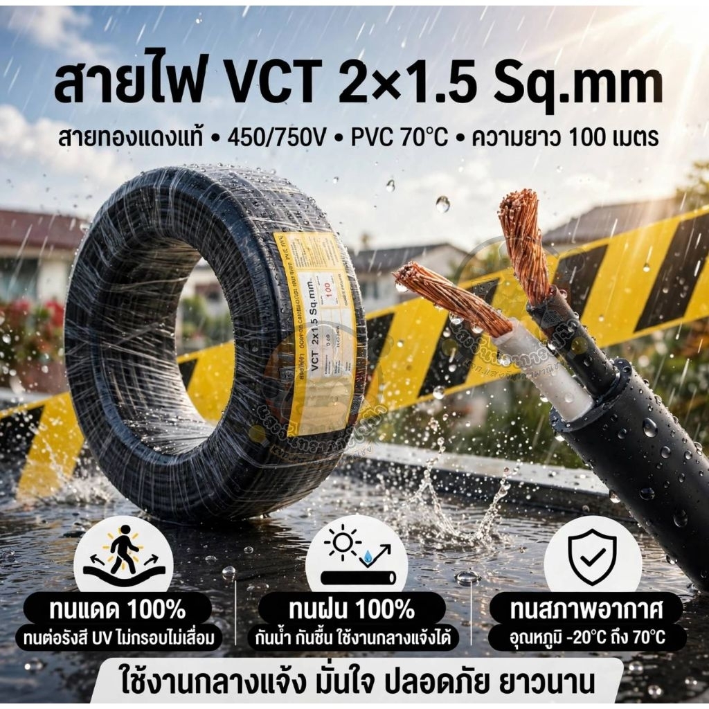 สายไฟ VCT 2×1 , 2×1.5 , 2×2.5 ขนาด 100 เมตร สายอ่อนหุ้ม PVC สีดำ ทองแดงมาตรฐาน มี มอก. ราคาถูก