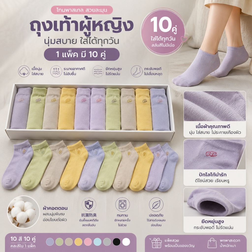 ถุงเท้าผู้หญิง แพ็ค 10 คู่ ถุงเท้ากีฬา ถุงเท้าลำลอง นุ่ม ใส่สบาย ใส่ได้ทุกวัน
