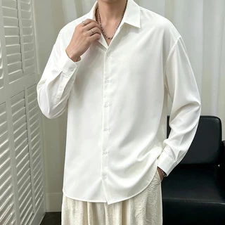 เสื้อผู้ชายไซส์ใหญ่ เสื้อเชิ้ตแขนยาว 47-125KG ทรงหลวม ทำจากผ้าไหมเย็น ระบายอากาศได้ สไตล์เกาหลี คนอ้วน