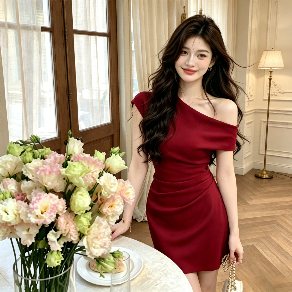 red dress ชุดเดรสผู้หญิง แฟชั่น เดรสสั้น รัดรูป ปาดไหล่ ลุคคุณหนู เซ็กซี่ ออกงาน แฟชั่นเกาหลี