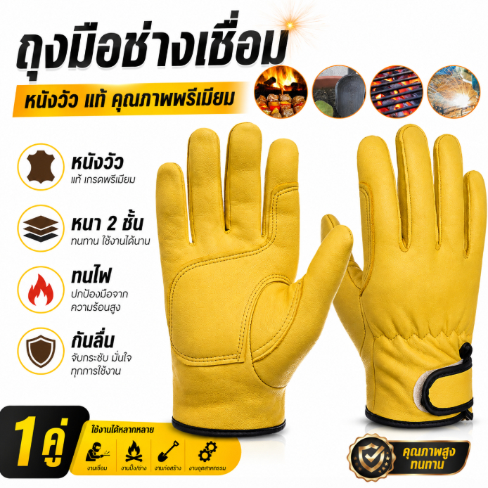 ถุงมือช่างเชื่อม หนังวัว หนาสองชั้น ทนไฟ กันความร้อน ถุงมือทำงาน กันลื่น งานช่าง 1 คู่