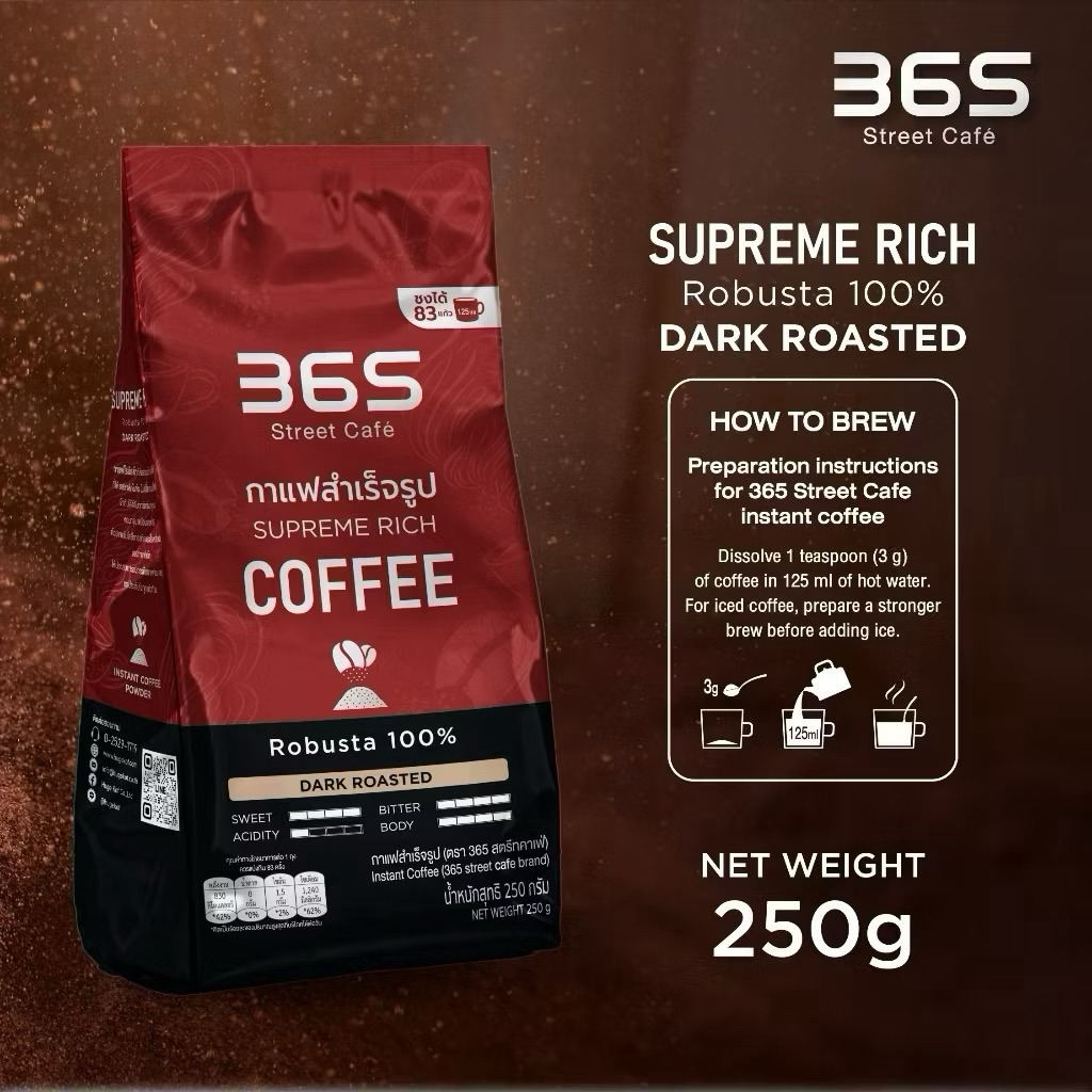 กาแฟ 365 กาแฟผงสำเร็จรูป 250 กรัม (Robusta 100% คั่วเข้ม) 365 Street Café Supreme Rich Instant Coffee (Dark Roasted)