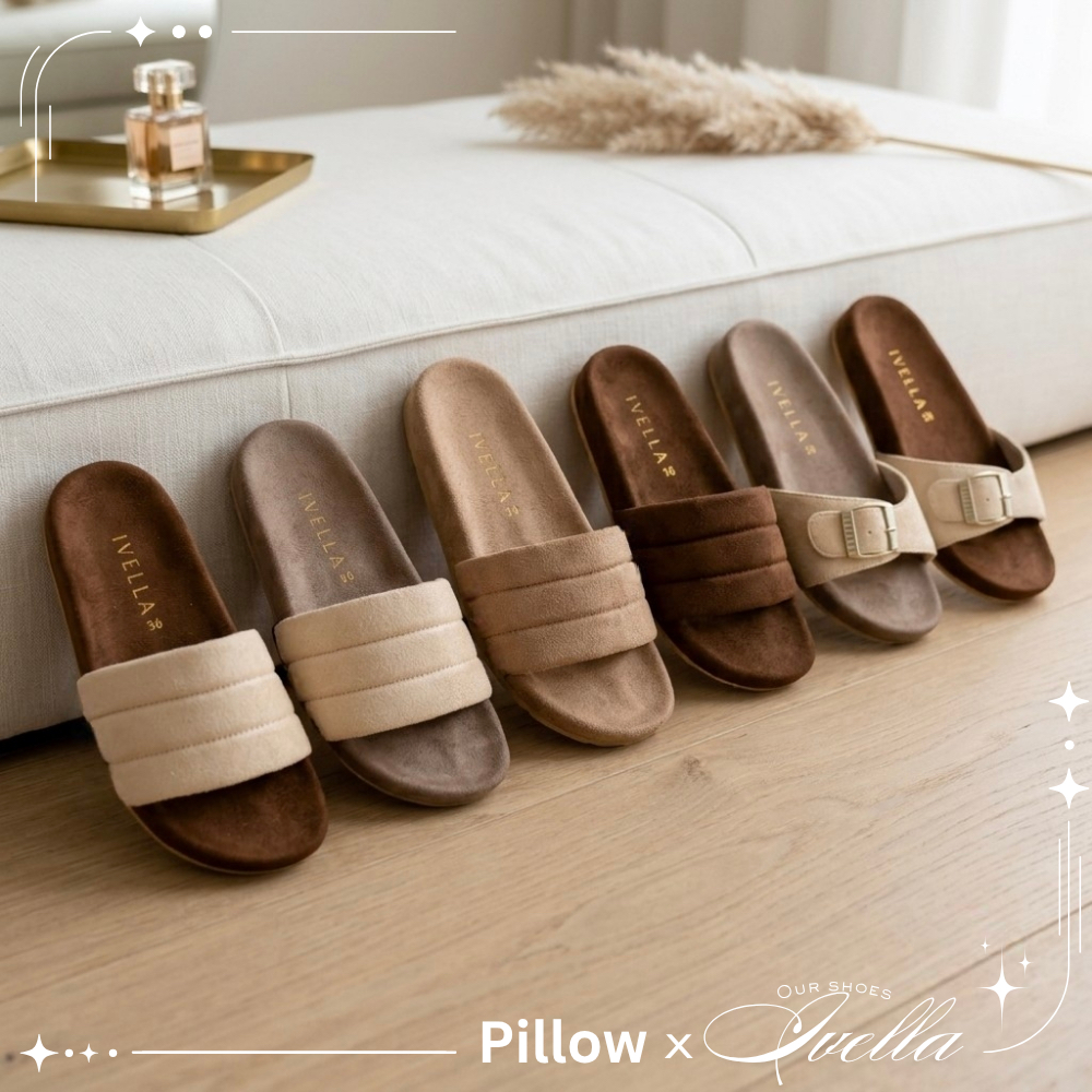 รองเท้าแตะ IVELLA  รุ่น pillow พื้นนุ่ม แบบสวม หนังกลับ สไตล์มินิมอล มีซับใส่สบาย รองเท้าผู้หญิง