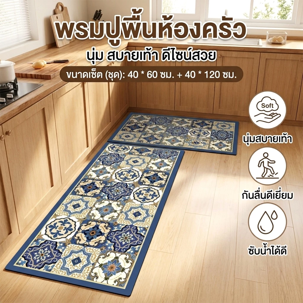 [ชุด 2 ชิ้น 40x60+40x120] พรมปูพื้นห้องครัว พรมกันลื่น ซับน้ำดี ซักเครื่องได้ พรมอเนกประสงค์