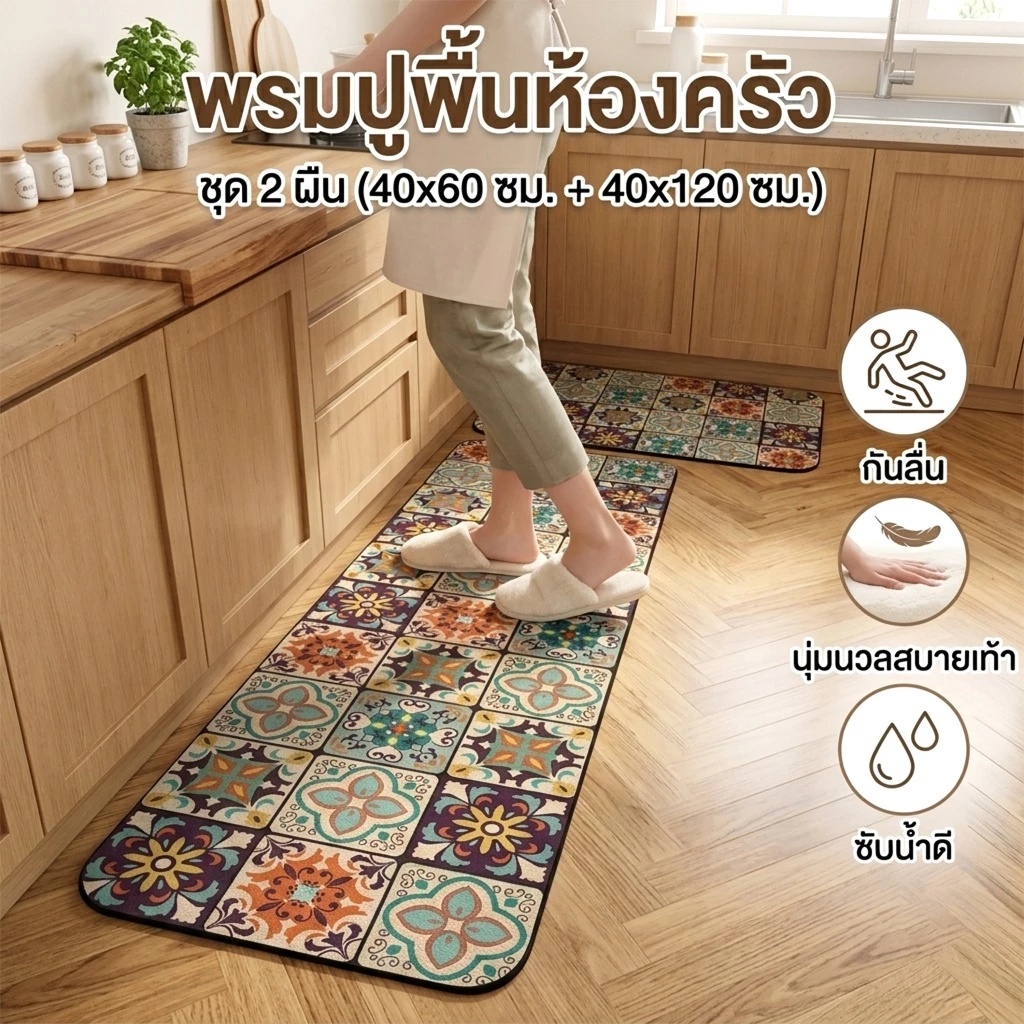 [1 แถม 1 / ชุด 2 ชิ้น] พรมห้องครัว พรมปูพื้นกันลื่น ดูดซับน้ำไว ดักฝุ่น หนานุ่ม พรมเช็ดเท้าแต่งครัว 40x120 ซม