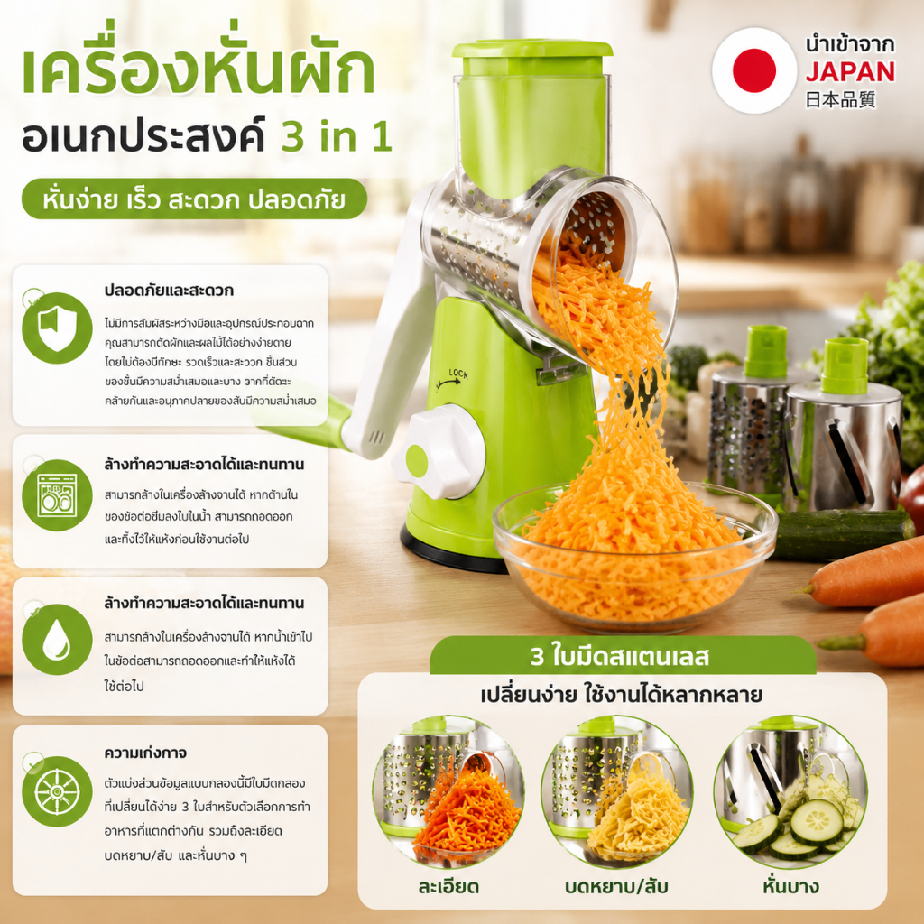 คุณภาพญี่ปุ่น เครื่องสไลด์ผัก เครื่องสไลด์ผักผลไม้ ซอยผักง่ายๆ ไม่เปลืองแรง สไตล์ญี่ปุ่น ประหยัดเวลา 10 เท่า เครื่องหั่น