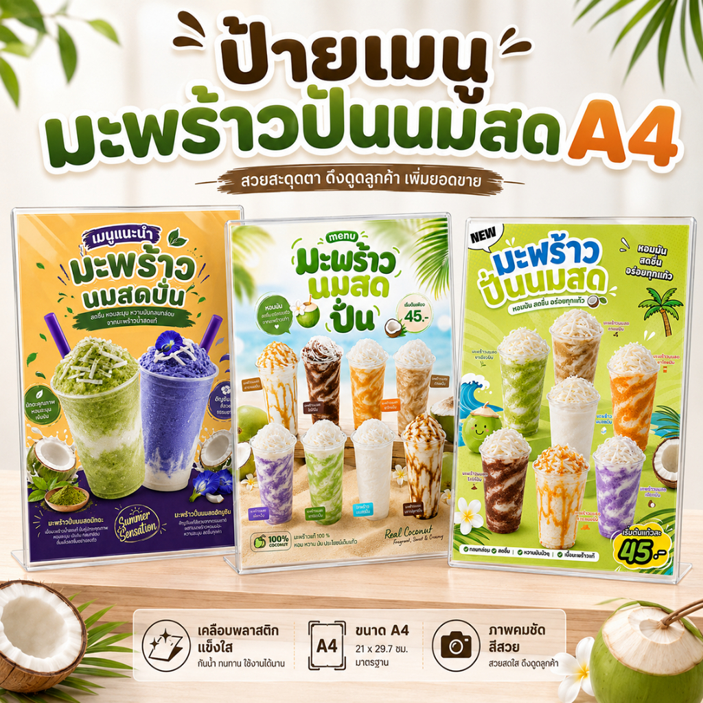ป้ายเมนูมะพร้าวนมสดปั่น A4 เคลือบแข็งใส ป้ายเมนูสำเร็จรูป ป้ายมะพร้าวปั่นสมูทตี้