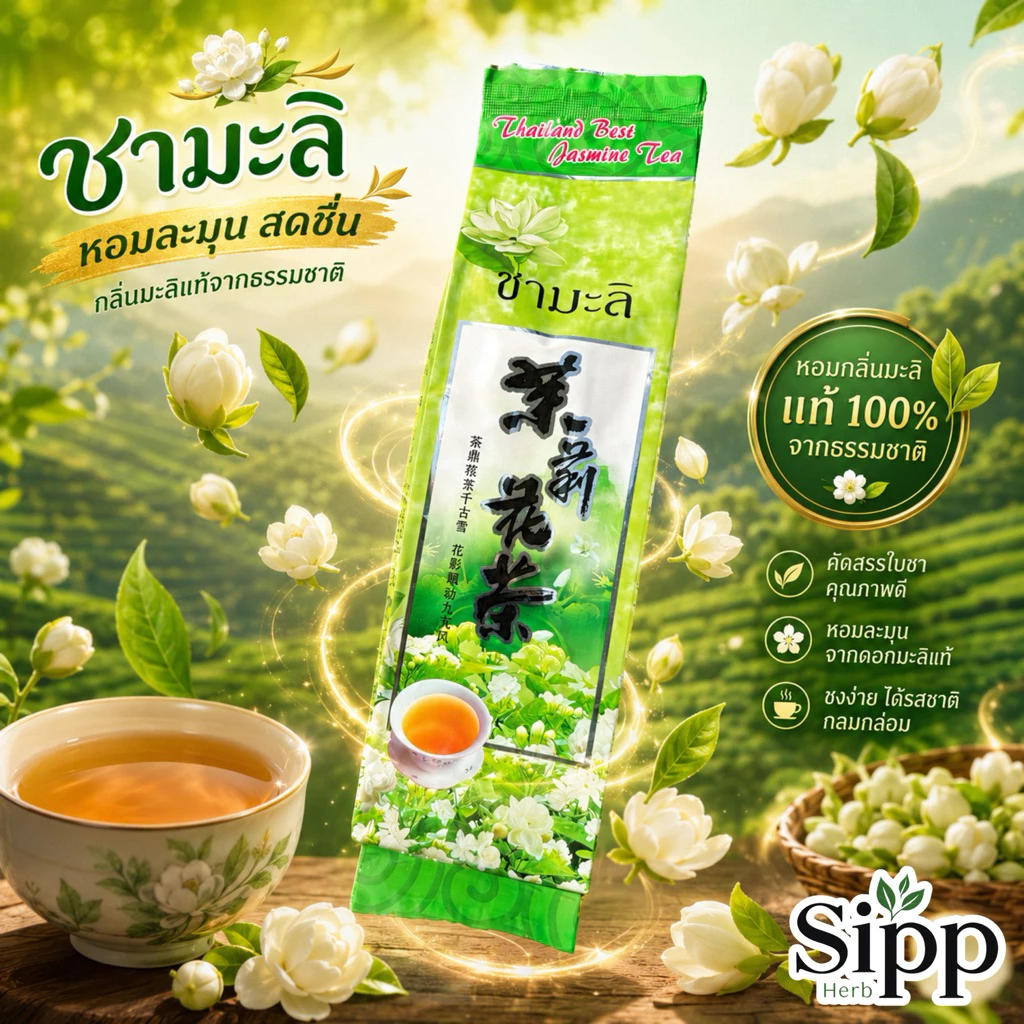 ชามะลิแท้ 80 กรัม | Jasmine Tea 80g | ชามะลิ คัดสรรใบชาเกรดพรีเมียม ผสมดอกมะลิแท้ 100%