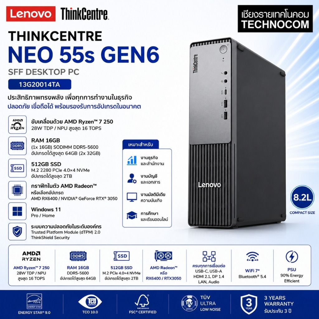 LENOVO ThinkCentre Neo 55s Gen 6 (คอมพิวเตอร์ตั้งโต๊ะ PC) Ryzen 7 250/16GB/512GB SSD (13G20014TA)