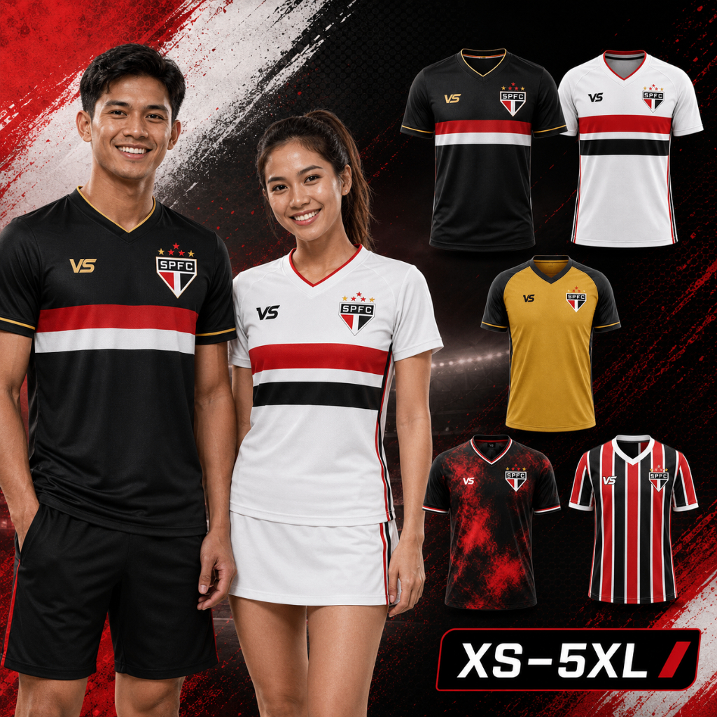 เสื้อฟุตบอลสไตล์เซาเปาโล เอฟซี เสื้อบอลเหย้าเยือนคอวีแขนสั้น ชายหญิง ลายสปอร์ต แห้งเร็ว ใส่เชียร์บอล jersey