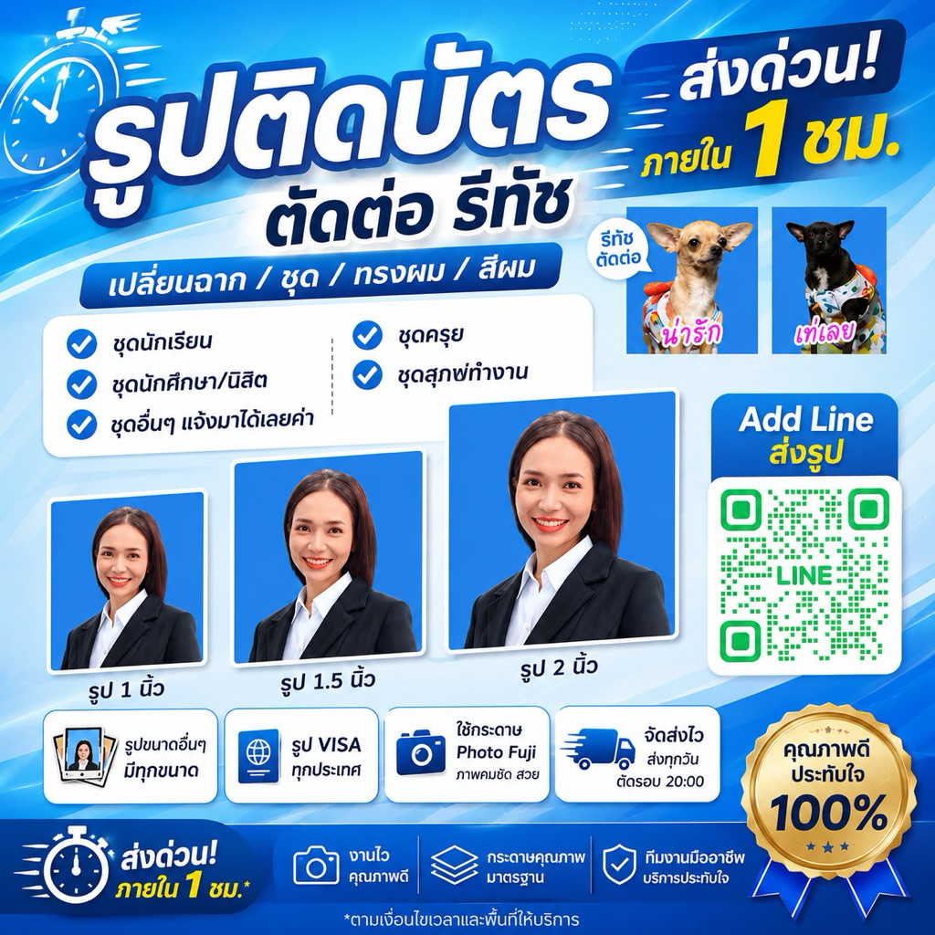 กรุงเทพส่งด่วน 1 ชม. รูปติดบัตรถูกมาก รูปพาสปอร์ต สมัครงาน สมัครเรียน ใช้กระดาษโกดัก/ฟูจิแบบด้าน