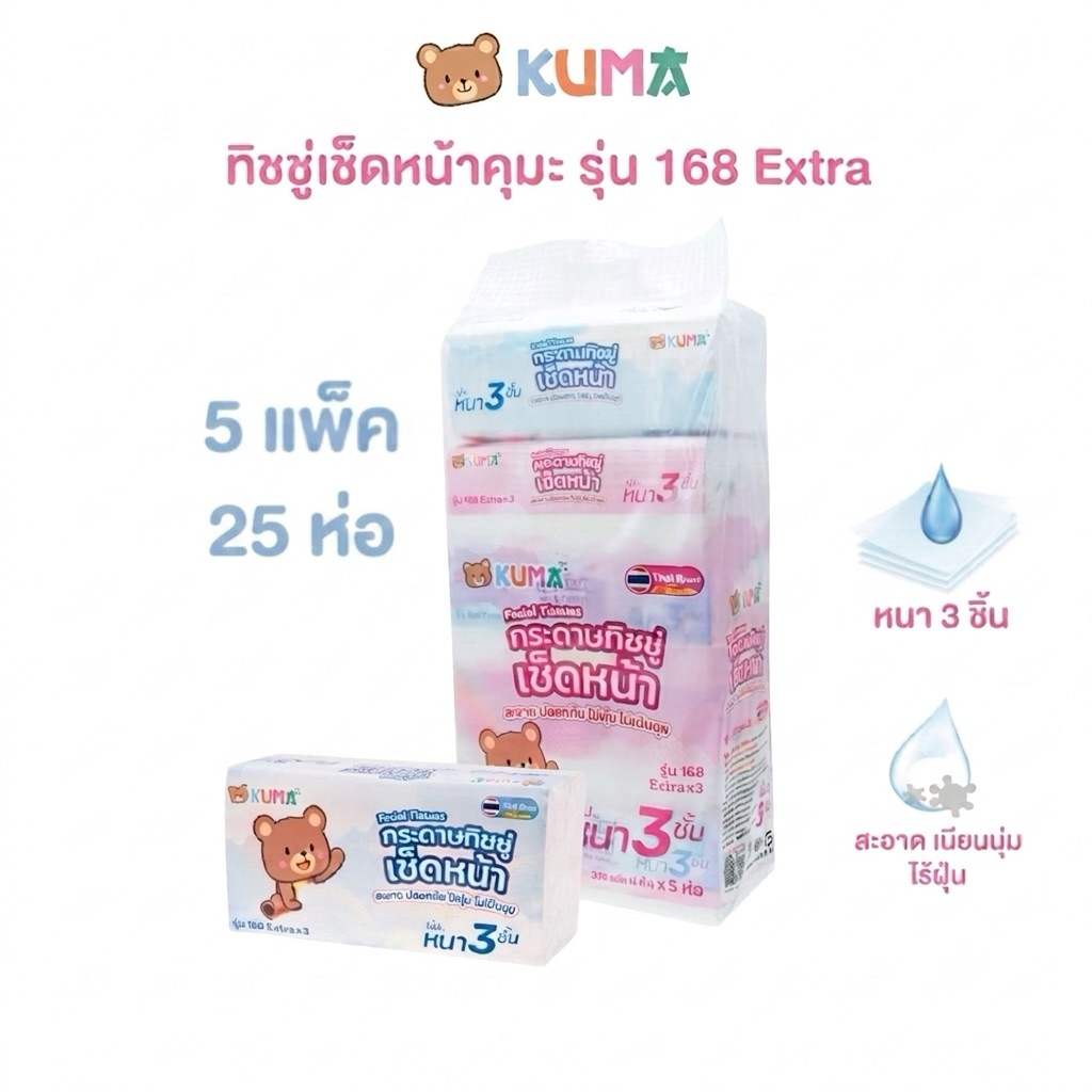 ทิชชู่คุมะ 5 แพ็ค 25 ห่อ KUMA Facial Tissue 168 Extra X3 กระดาษทิชชู่หนา 3 ชั้น สะอาด ปลอดภัย อ่อนโยนต่อผิว