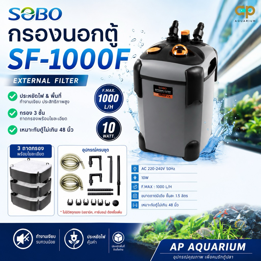 Sobo SF-1000FUV กรองนอกตู้ปลามี uv 10w F.max : 1000 L/H สำหรับตู้ 30-36 นิ้ว