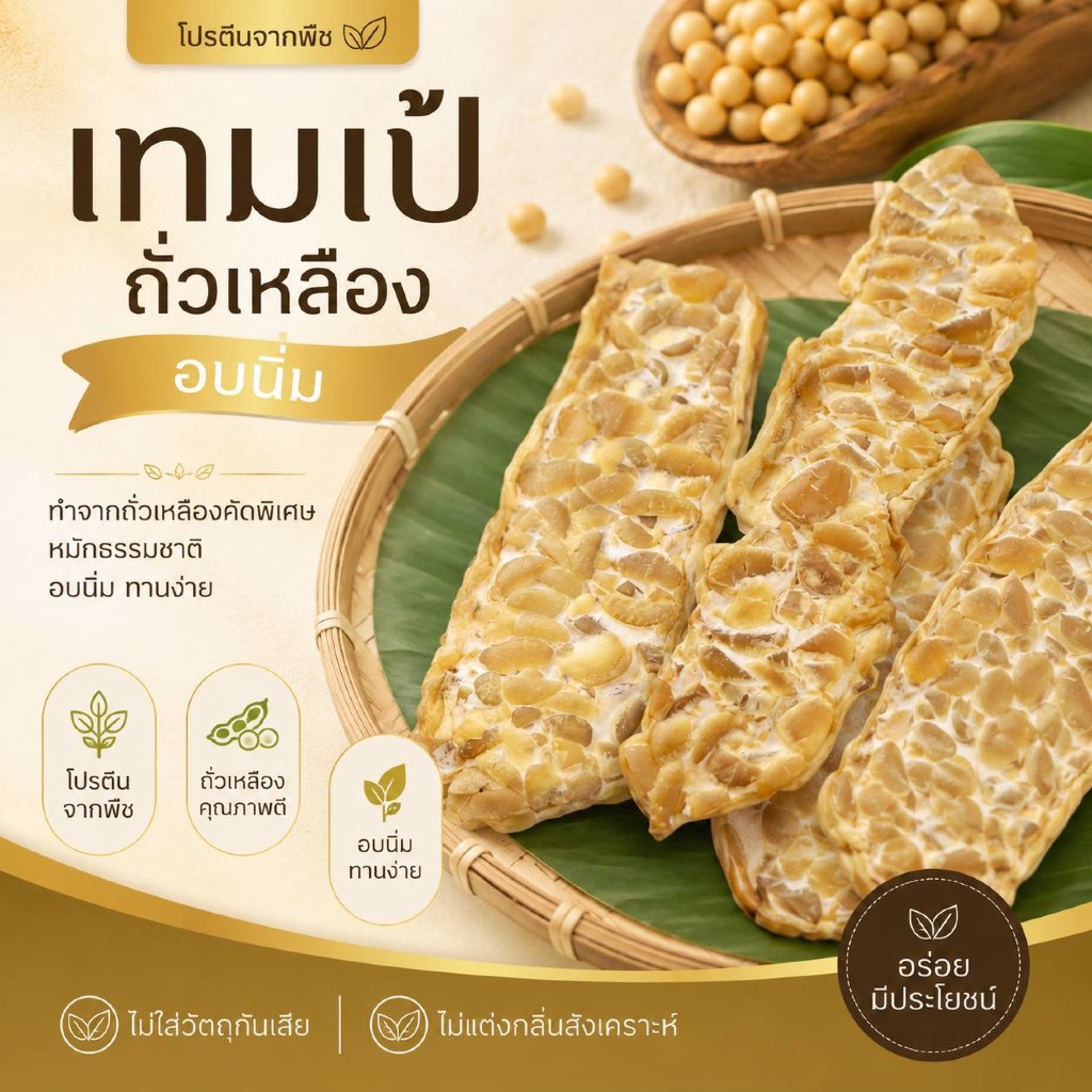 เทมเป้อบนิ่ม 70 กรัม แผ่นบาง หนึบหนับ *พร้อมทาน* (EnjoyHealthyFood)ใช้เชื้อบ่มที่มีอย.