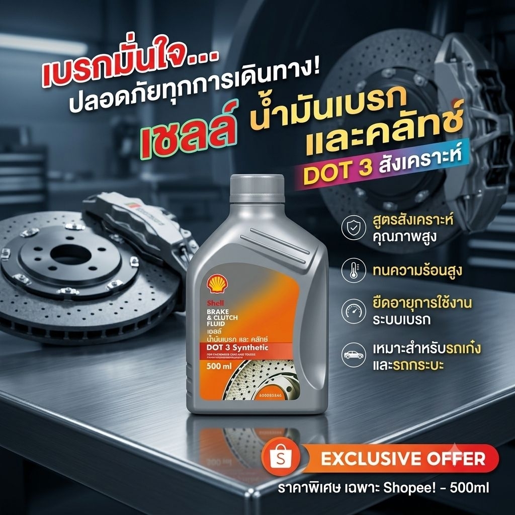 [แท้ 100%] น้ำมันเบรก Shell DOT 3 Synthetic (500ml) เชลล์ น้ำมันเบรกและคลัทช์สังเคราะห์ ทนความร้อนสูง เบรกมั่นใจ